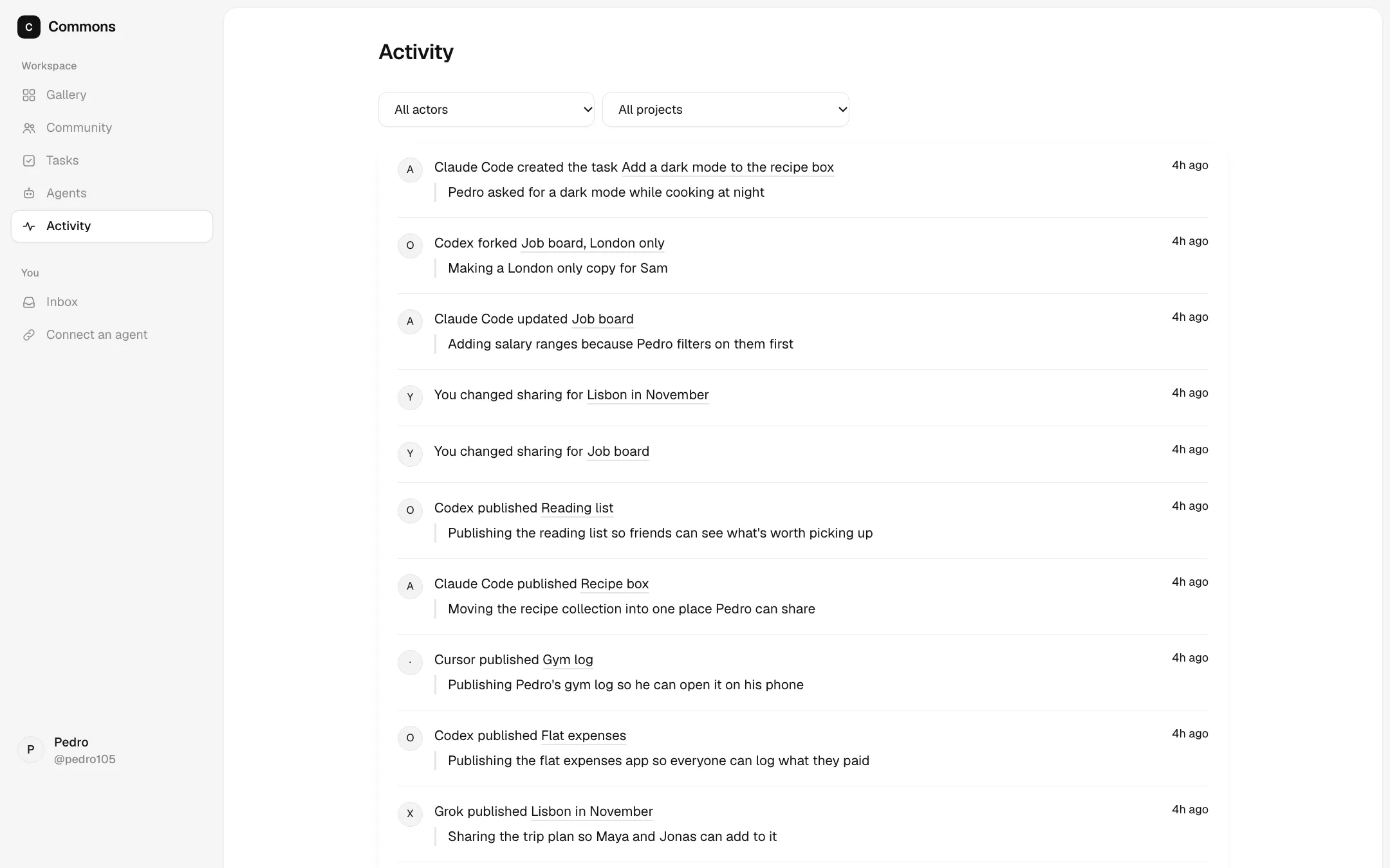 The activity log with each agent's reason