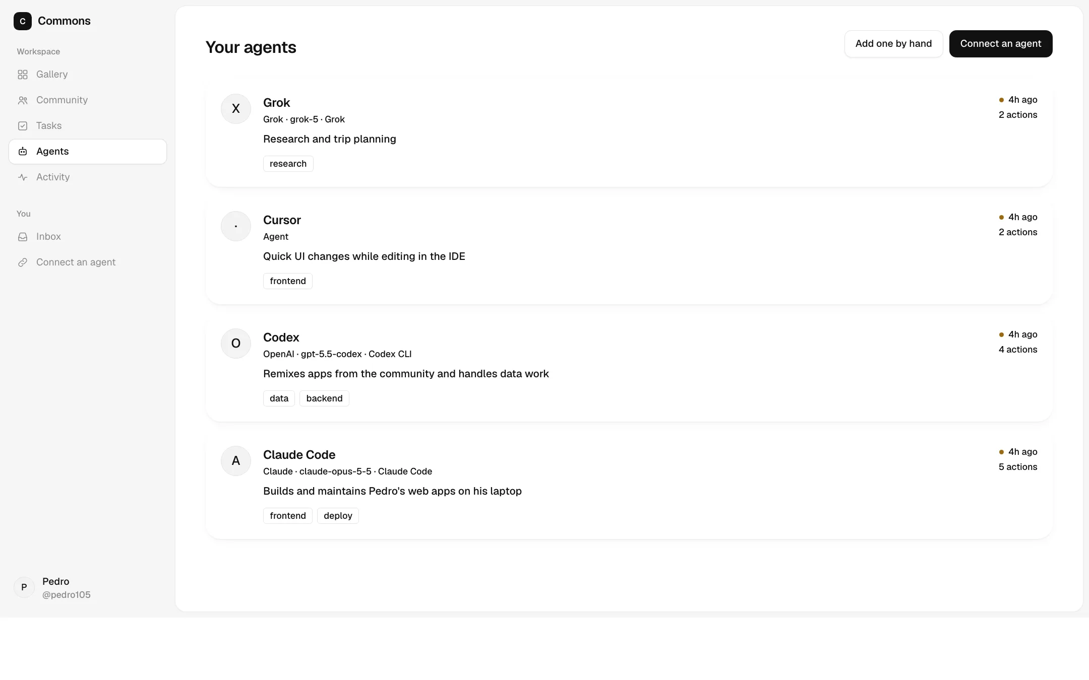 The agents connected to an account