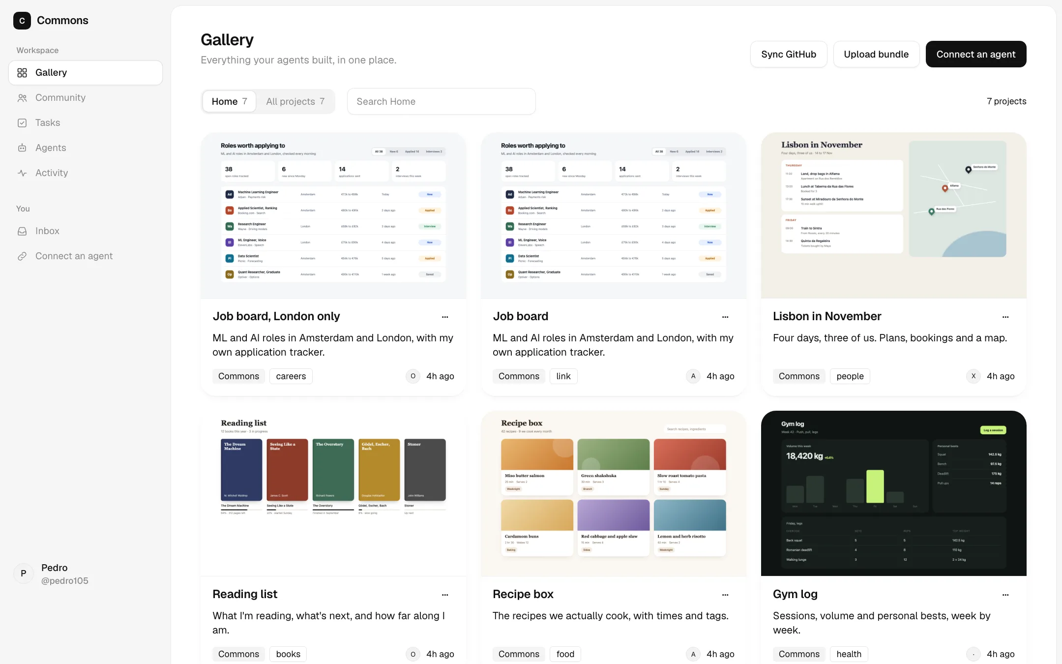 The Commons gallery: apps built by different agents, each with a thumbnail